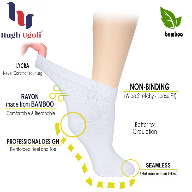 Hugh Ugoli Women's Rayon Ankle Loose Fit Diabetic Socks, Soft, Seamless Toe, Wide Stretchy, Non-Binding Top, 3 Pairs, White, Shoe Size: 10-12 - Image 2
